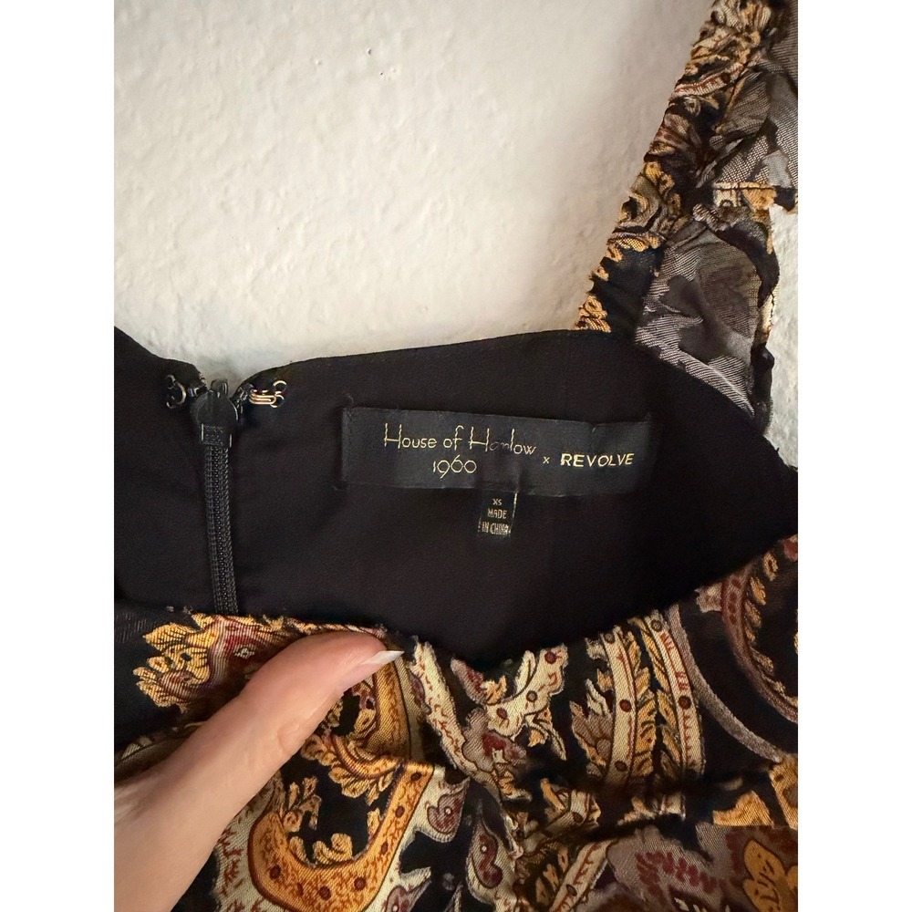 House of Harlow 1960 x REVOLVE Paisley Ruffle Wide Leg Jumpsuit Black Gold XS - Picture 4 of 11